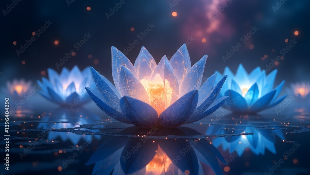 Illuminated Lotus Flowers Night Bloom Serene Water Reflection