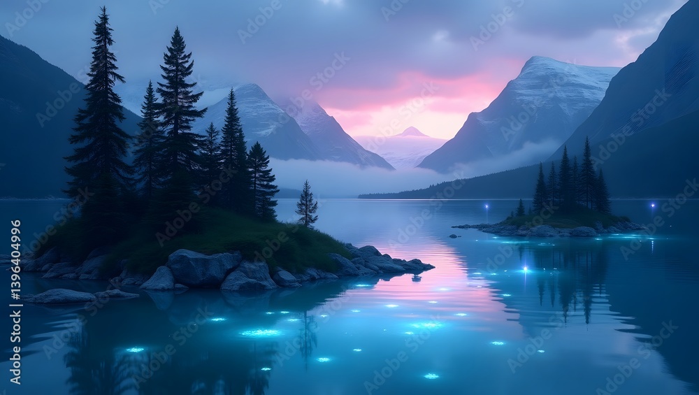 Magical Lake at Dusk Serene Mountain Landscape with Glowing Water