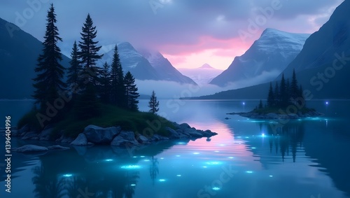 Obraz na płótnie Magical Lake at Dusk Serene Mountain Landscape with Glowing Water w salonie