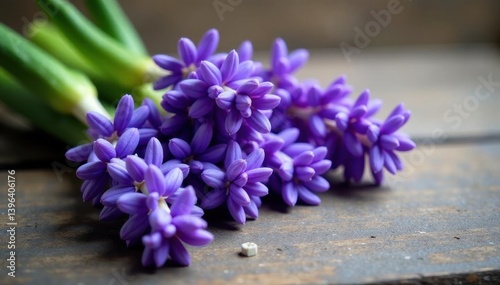 Loose hyacinths strewn across weathered wood, soft light, elegant, bloom, background
