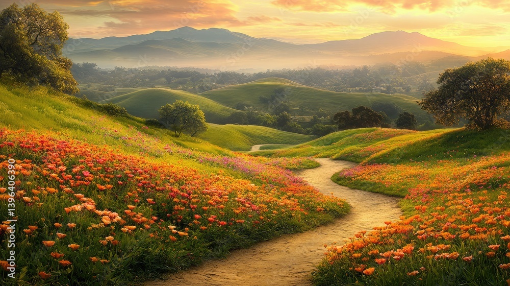Obraz premium A peaceful hilltop trail meandering past a kaleidoscope of colorful blooms under a gently glowing sky.