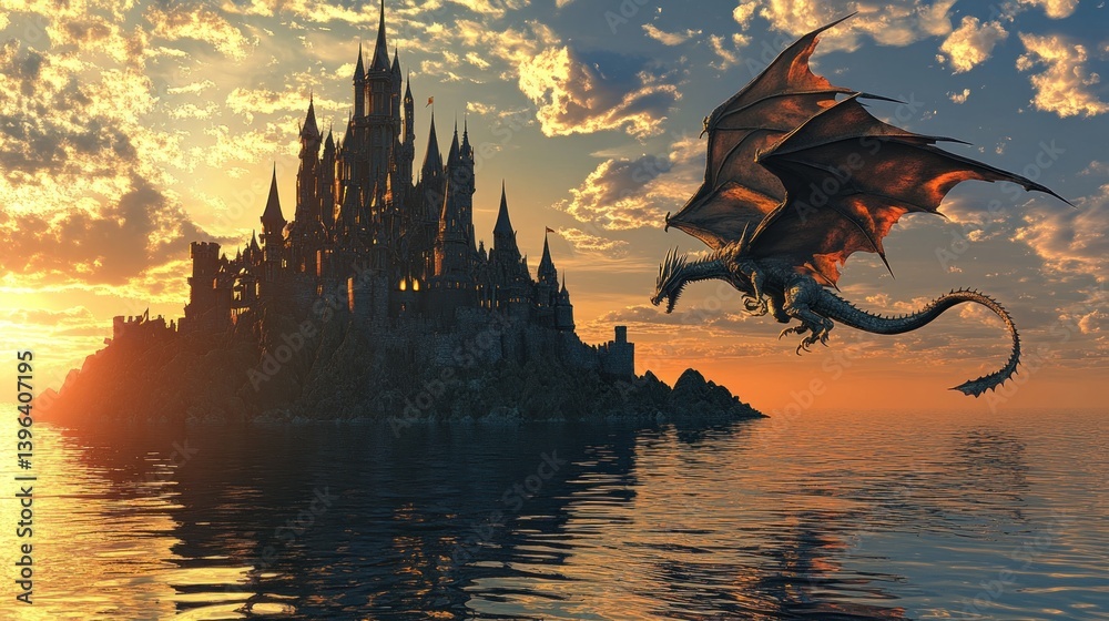Fototapeta premium Dragon Soaring Towards Majestic Island Castle at Sunset