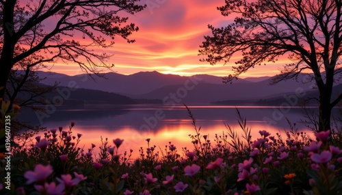 Serene Lake at Sunset with Floral Foreground