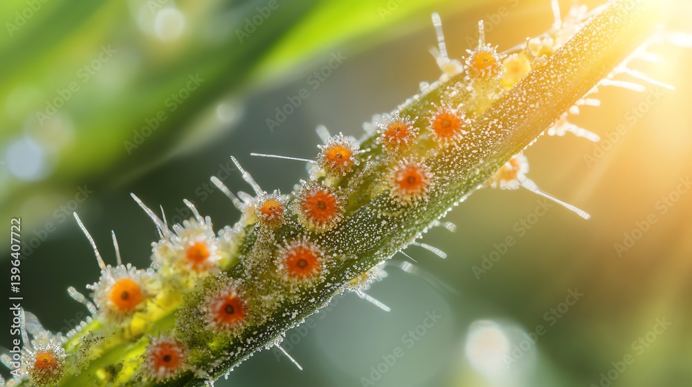 Close-up of Green Grass Stalk with Orange Spores and Sunlight Close-up of Green Grass Stalk with Orange Spores and Sunlight