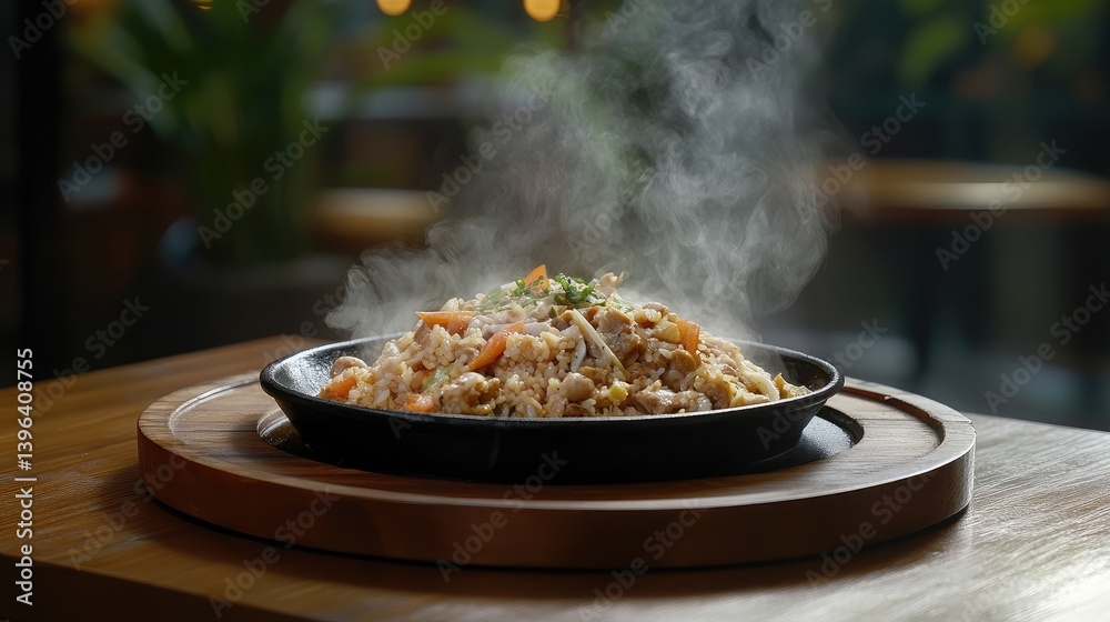 A wooden table set with a steaming plate of Northern fried rice and a bowl of spicy sauce. A wooden table set with a steaming plate of Northern fried rice and a bowl of spicy sauce.