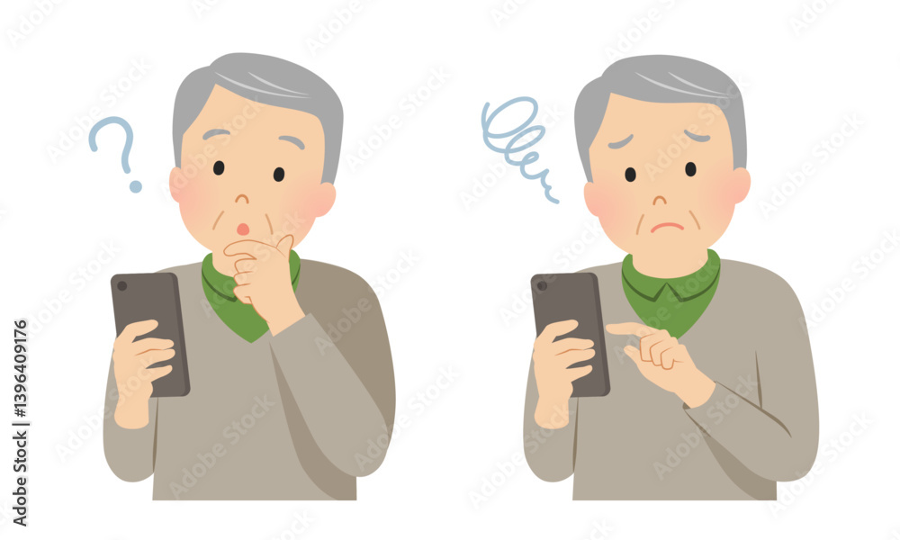 スマホを操作しながら困るシニア男性のセット_ベクターイラスト スマホを操作しながら困るシニア男性のセット_ベクターイラスト