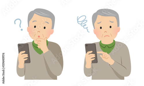 スマホを操作しながら困るシニア男性のセット_ベクターイラスト