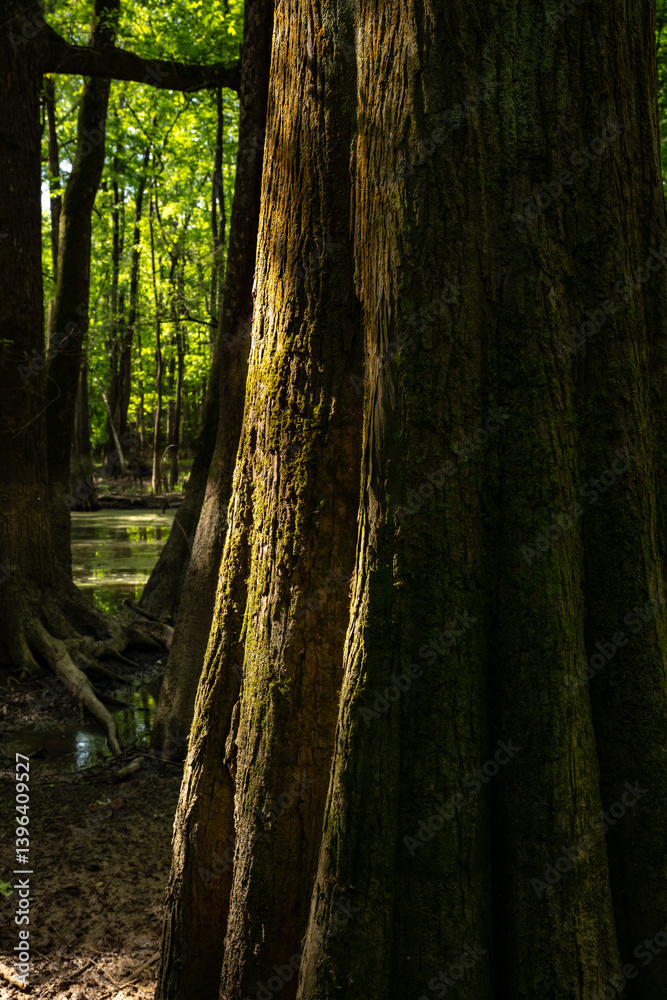 Contrasting Light and Shadows on Cypress Tree Trunks