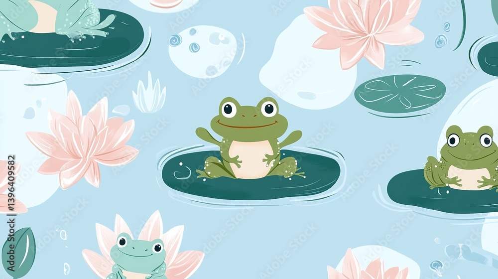 Fototapeta premium Adorable Frogs and Waterlilies in a Childish Seamless Pattern for Kids' Decorative Design