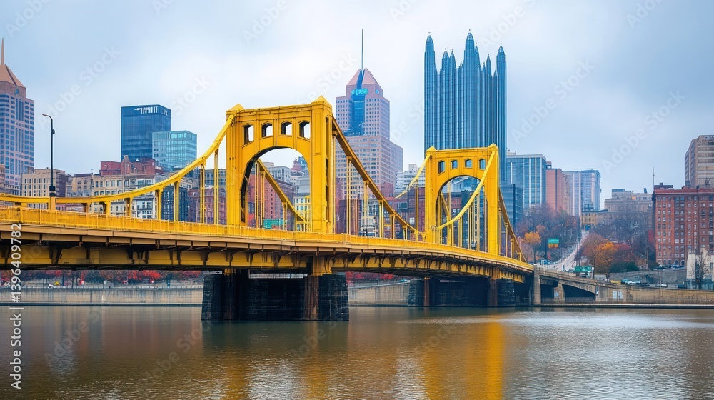 Naklejka premium Pittsburgh's iconic yellow bridge spanning the Allegheny River