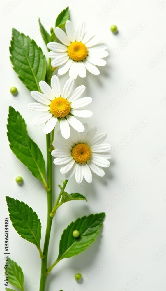 Fototapeta premium Chamomile flower and mint leaves arrangement on white background, natural, isolated