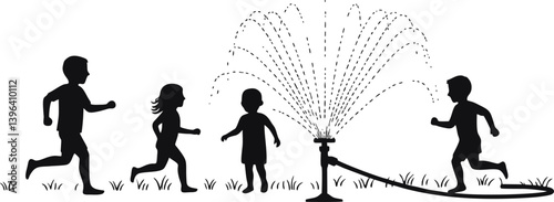 Silhouette vector of happy children playing in water sprinkler – summer backyard fun, outdoor kids activity illustration
