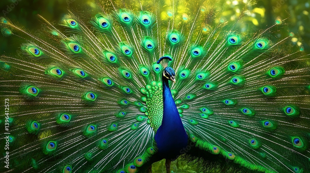 Obraz premium A peacock with vibrant green and blue plumage displays its magnificent tail feathers.