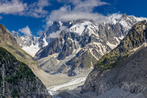 Mont Blanc, Monte Bianco mountain summit snow dome above the Chamonix valley in France. Highest peak in Europe in the Alps, alpine scenic view of Montblanc