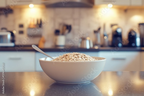 A bowl of rolled oats sits on a kitchen counter. photo