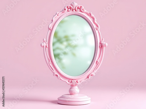 Ornate Pastel Pink and Gold Mirror on Purple Wall 3D Render