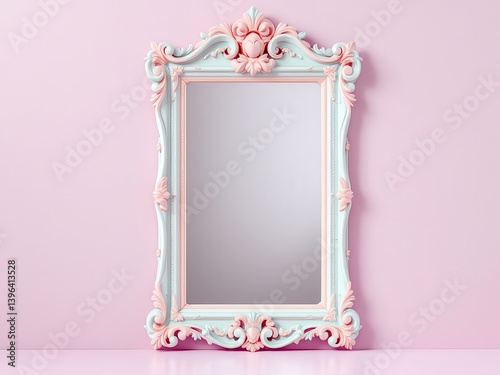 Ornate Pastel Pink and Gold Mirror on Purple Wall 3D Render