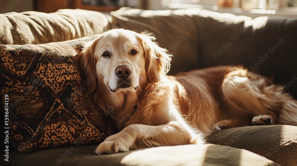 Obraz premium Golden Retriever Relaxing on Couch with Warm Sunshine Streaming In