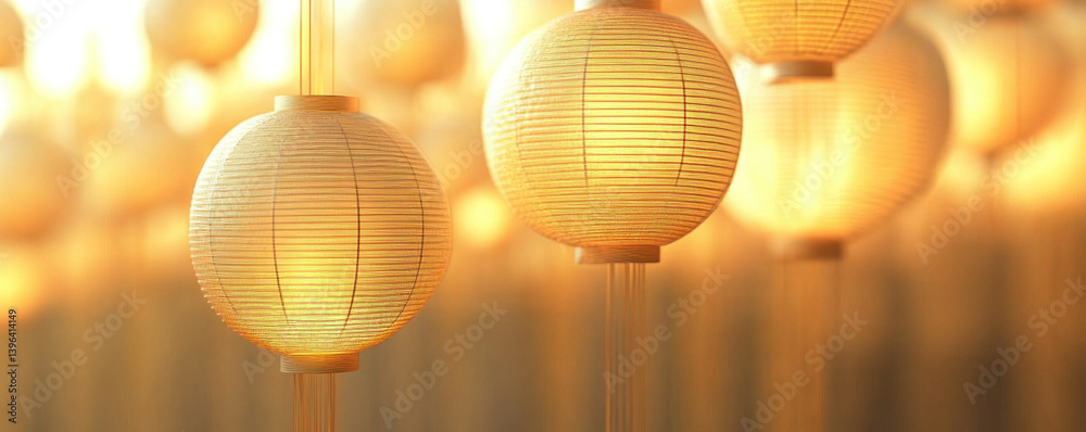 Obraz premium A bunch of yellow lanterns hanging from the ceiling. The lanterns are all different sizes and shapes