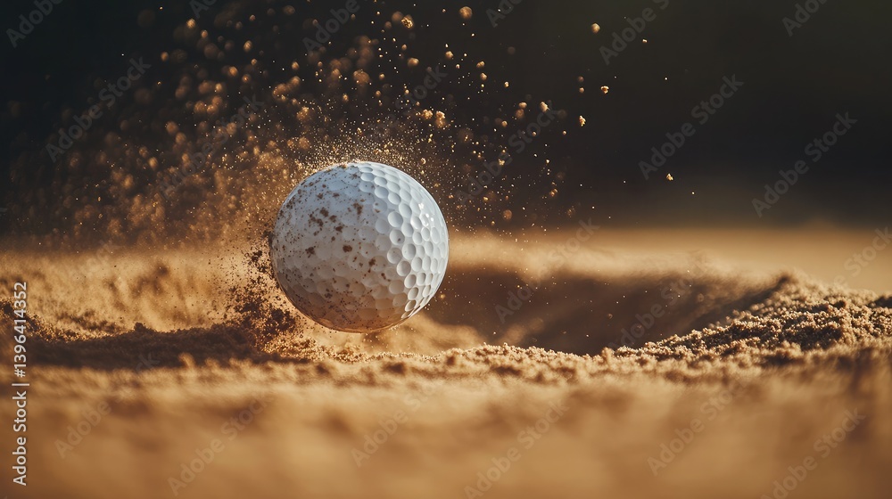 Crisp detail of a golf ball being launched from a sand trap, with fine sand and dirt particles flying. Crisp detail of a golf ball being launched from a sand trap, with fine sand and dirt particles flying.