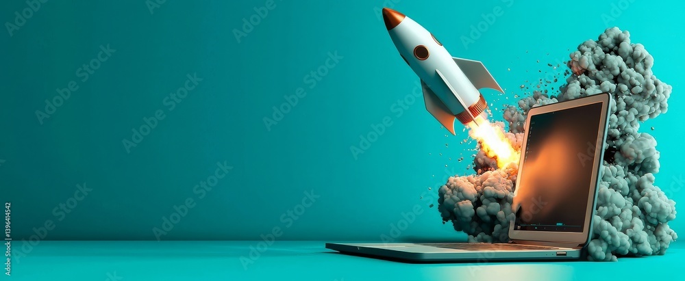 A laptop and rocket launch from the screen against a blue backdrop.