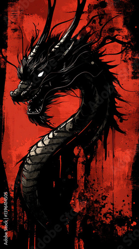 A black dragon with red eyes is the main focus of the image. The dragon is surrounded by red paint, which gives the impression of fire and intensity. Scene is dark and dramatic