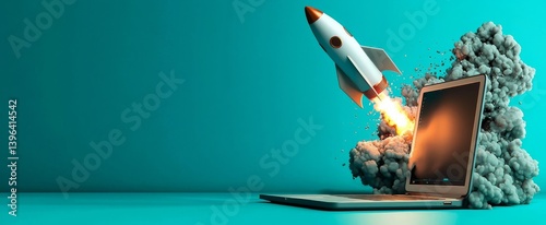 Obraz na płótnie A laptop and rocket launch from the screen against a blue backdrop. w salonie