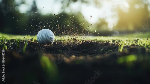 Golf ball in mid-flight right after impact, with grass clippings and dirt spraying in the foreground.
