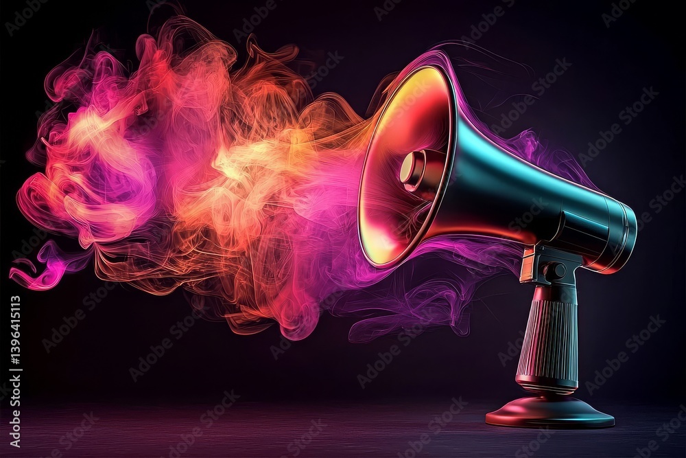 The striking contrast of a megaphone emitting bursts of vivid smoke.
