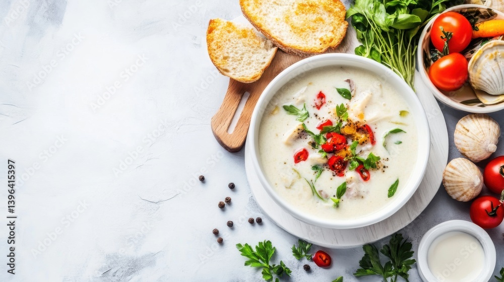 Creamy Seafood Chowder with Fresh Herbs and Toasted Bread Slice Creamy Seafood Chowder with Fresh Herbs and Toasted Bread Slice