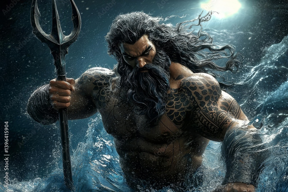A depiction of Poseidon, the god of the sea, in tranquil waters.