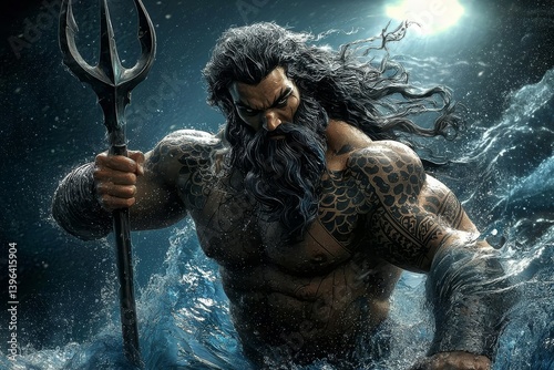 Obraz na płótnie A depiction of Poseidon, the god of the sea, in tranquil waters. w salonie