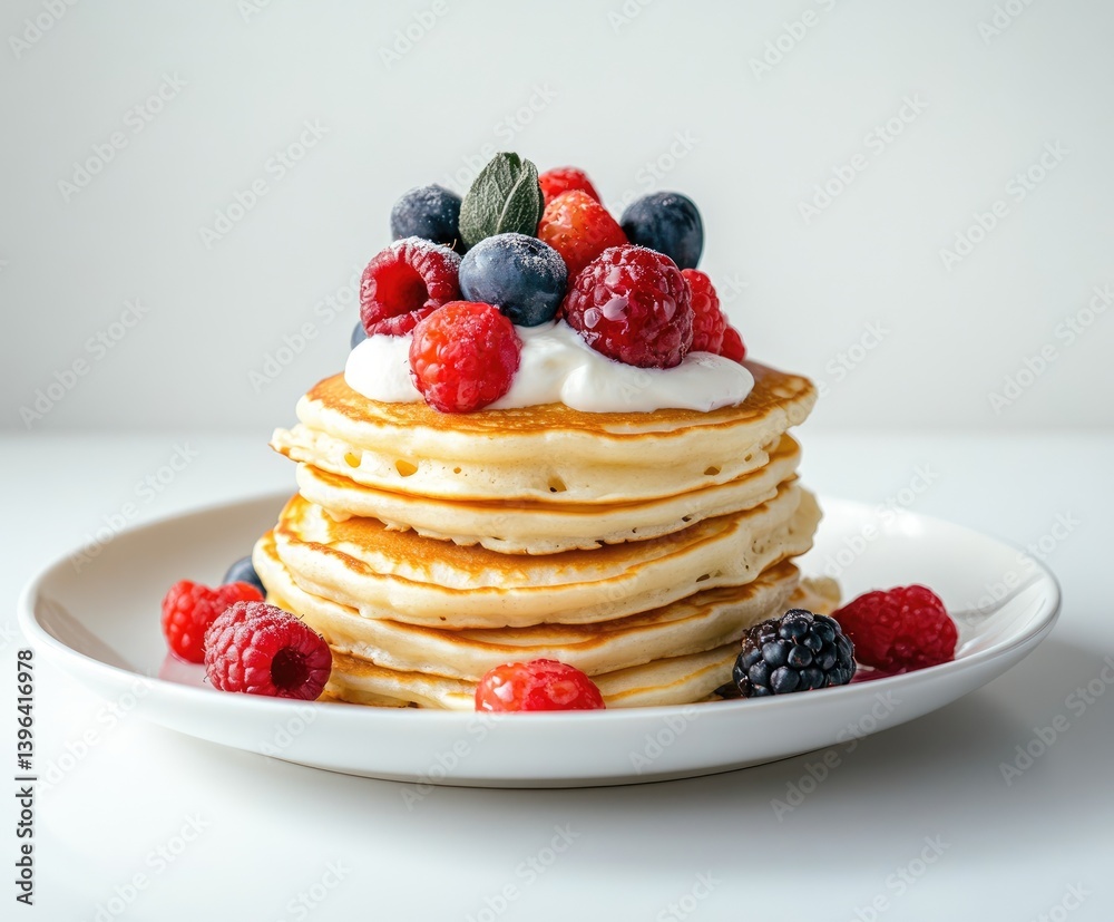 Stack of pancakes topped with fresh berries and whipped cream Stack of pancakes topped with fresh berries and whipped cream