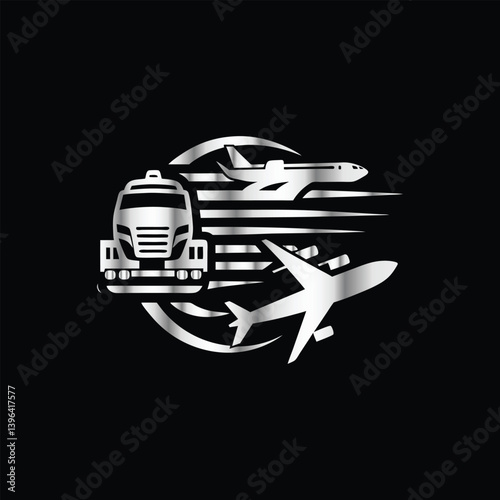 Logistic and delivery of goods and services. Truck, plane, ship, plane, container, truck. Vector illustration. Airport logo. Airport logo with truck, plane, truck, car, ship and airplane.