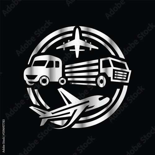 Logistic and delivery of goods and services. Truck, plane, ship, plane, container, truck. Vector illustration. Airport logo. Airport logo with truck, plane, truck, car, ship and airplane.