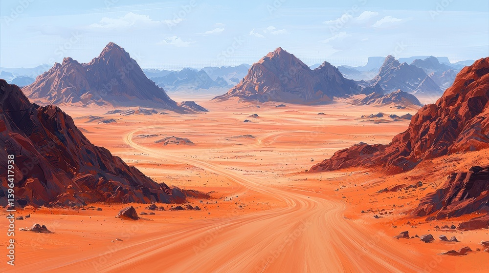 Naklejka premium Desert landscape with mountains and winding road under a clear sky