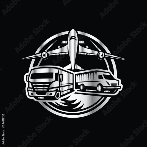 Logistic and delivery of goods and services. Truck, plane, ship, plane, container, truck. Vector illustration. Airport logo. Airport logo with truck, plane, truck, car, ship and airplane.