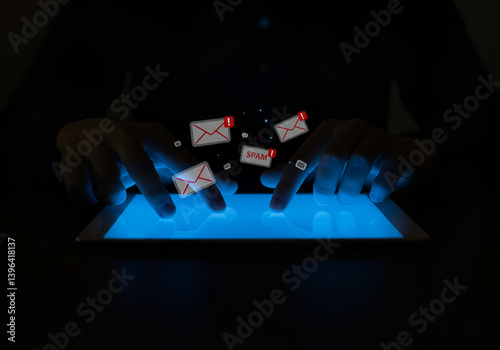 A Cyber security awareness. Suspect emails alert. Email inbox with spam virus message,futuristic depiction of email management—hands interacting with a glowing tablet while numerous email icons, inclu
