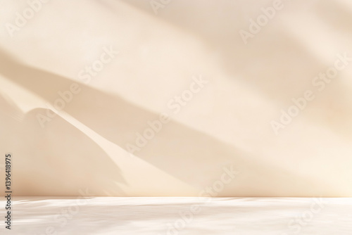 Empty beige room interior studio design with light and shadow,ideal mockup for product display presentation backdrop design,Summer sunlight shadow effect background