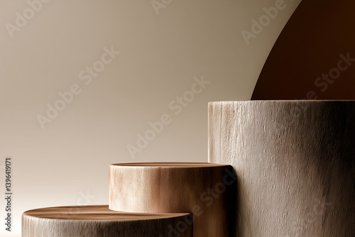 wood product display podium on a beige background,ideal mockup for product display presentation backdrop design