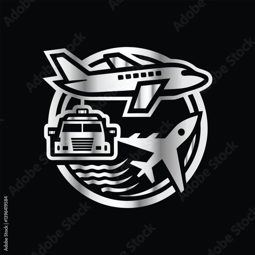 Logistic and delivery of goods and services. Truck, plane, ship, plane, container, truck. Vector illustration. Airport logo. Airport logo with truck, plane, truck, car, ship and airplane.