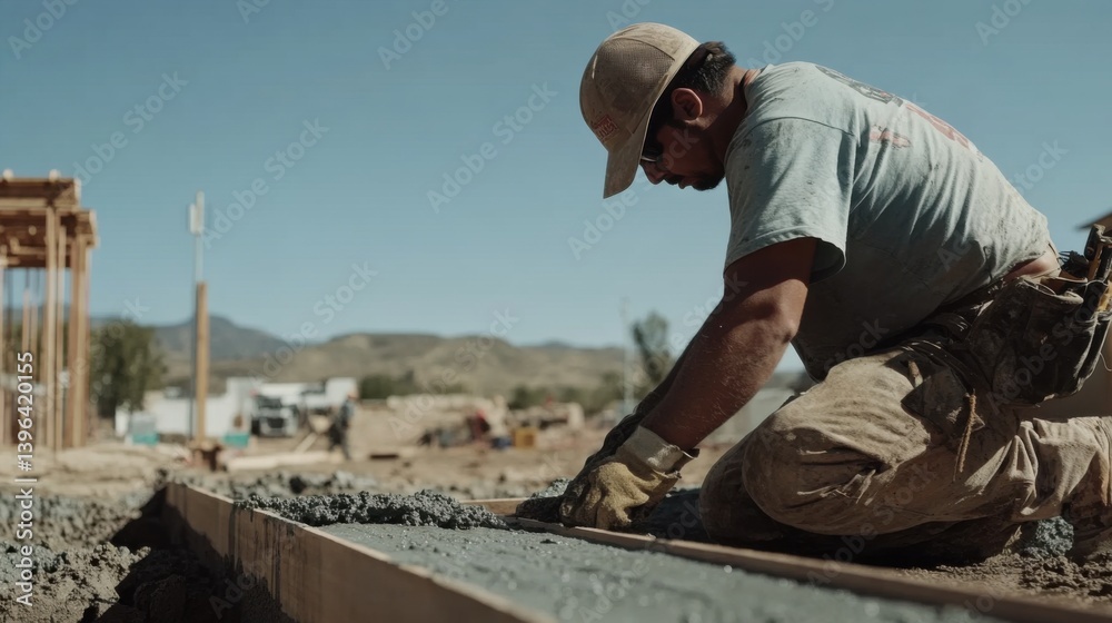 A Hispanic construction worker laying a foundation at a construction site. Featuring care and expertise A Hispanic construction worker laying a foundation at a construction site. Featuring care and expertise