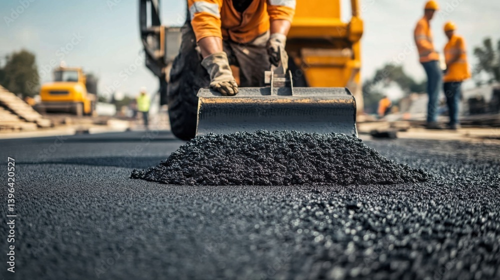 Fototapeta premium A Hispanic construction worker laying asphalt at a road construction site. Featuring teamwork and skill