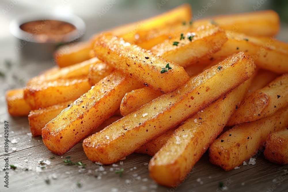 Golden-brown fries seasoned with herbs and salt Golden-brown fries seasoned with herbs and salt