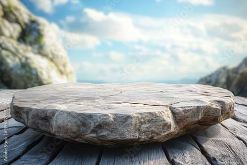 rrock product display podium on wood with sea and blue sky on background,ideal mockup for product display presentation backdrop design