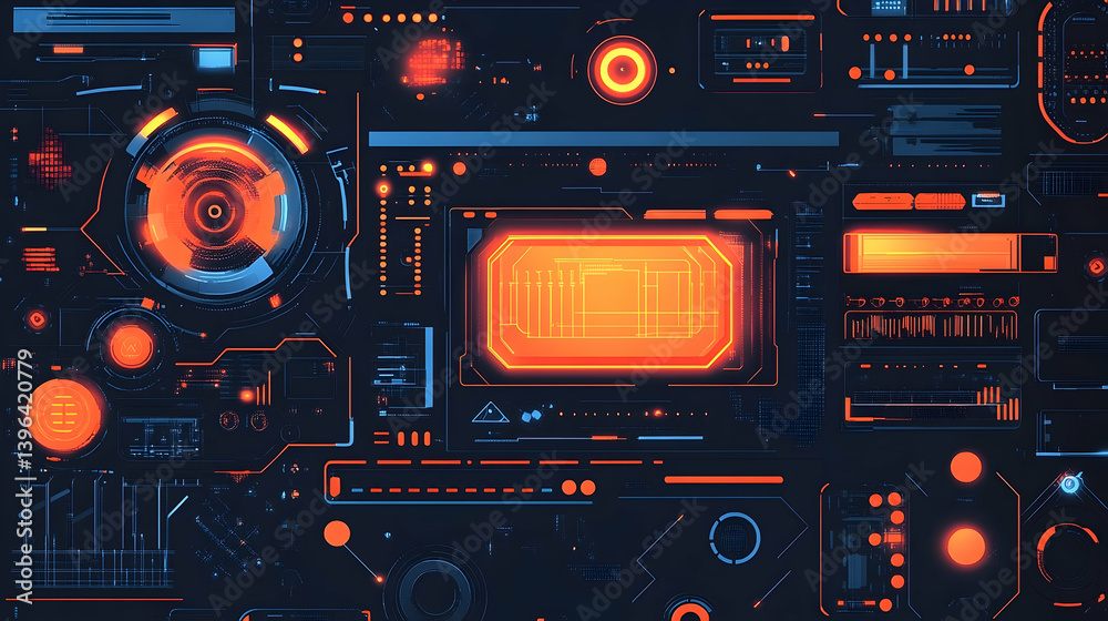 A futuristic interface with glowing orange and blue displays. A futuristic interface with glowing orange and blue displays.