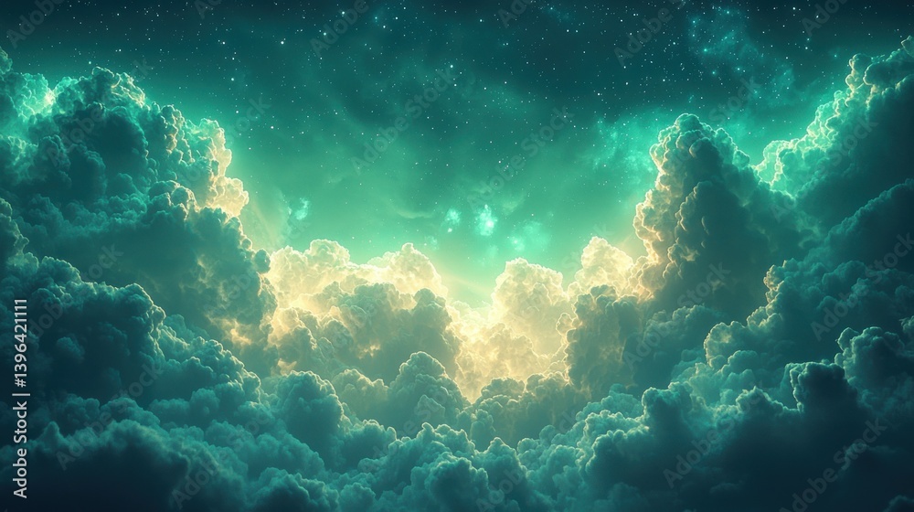 Fototapeta premium Dreamy teal sky with fluffy clouds and a glowing center, starry expanse