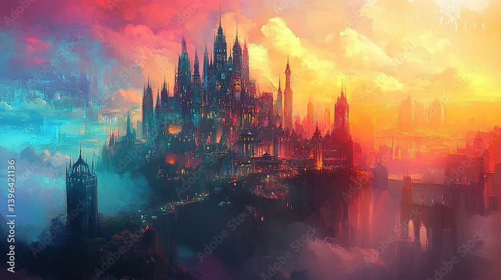 Fototapeta premium A vibrant, gothic-inspired floating city bathed in fiery hues.