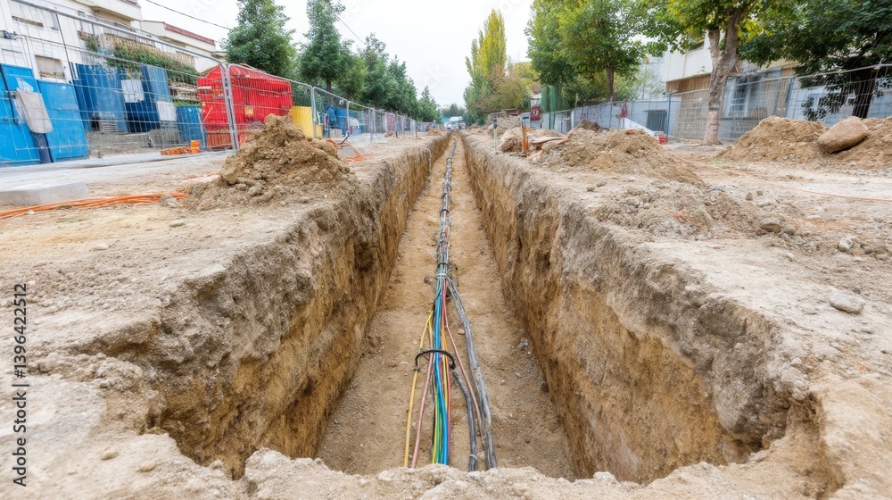 Construction Site Showing Trench for Utility Installation in Urban Area
