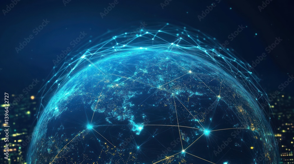 Obraz premium Interconnected World: Global Network Visualization with Glowing Data Nodes